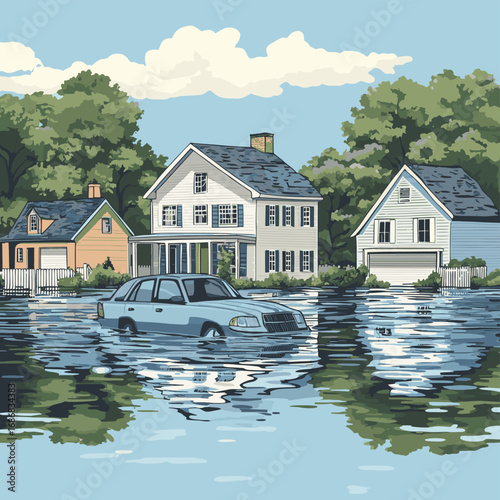 Vector illustration of Flood natural disaster drowned houses and car , vector style simple color