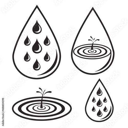 Four black and white water drop and ripple designs water drops ripples