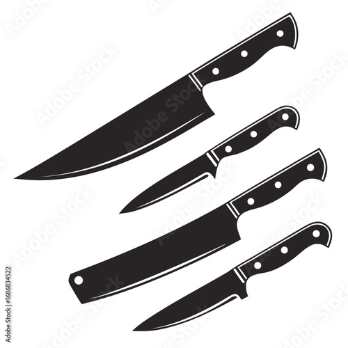 Four black kitchen knife silhouettes varied sizes kitchen knives cutlery