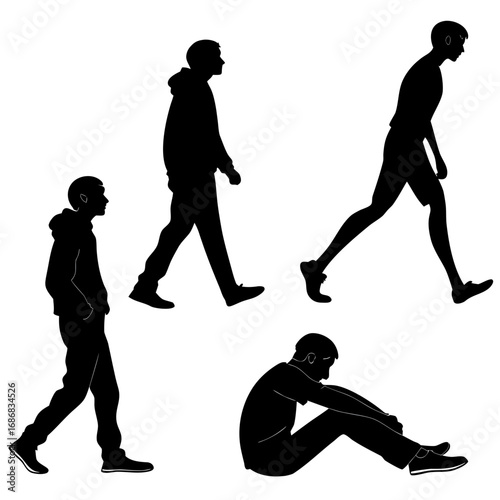 Four black silhouette figures in various poses people silhouettes