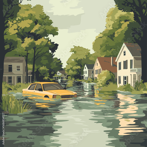 Vector illustration of Flood natural disaster drowned houses and car , vector style simple color