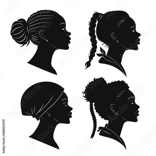 Four black silhouette profiles of women with diverse hairstyles vector