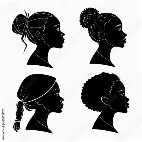 Four black silhouette profiles of women with various hairstyles woman female