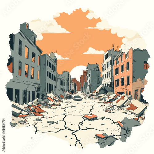 A vector illustration depicting an earthquake and the destruction caused by it