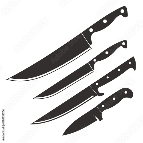 Four dark kitchen knives varied sizes sharp blades cutlery cooking
