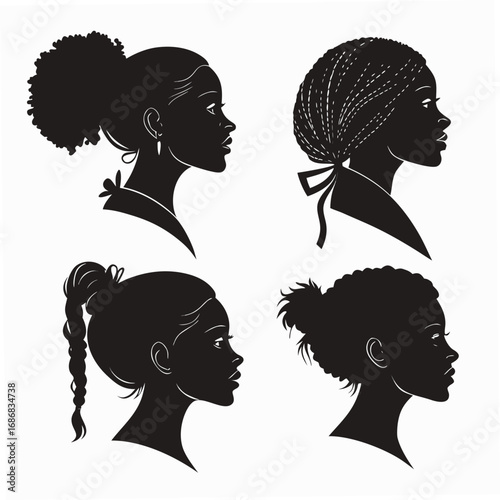 Four female profile silhouettes with diverse hairstyles afro