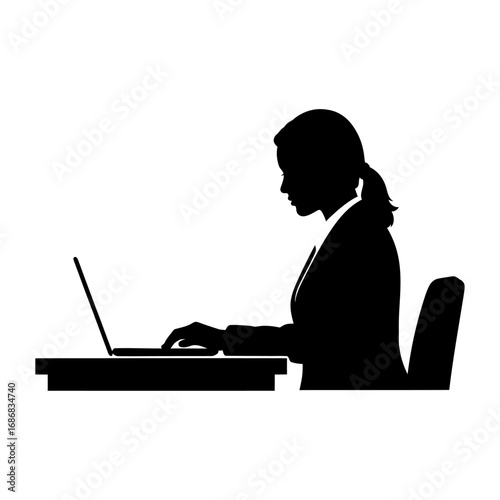Silhouette of Businesswoman Working on Laptop at Desk for Office and Remote Work Concepts