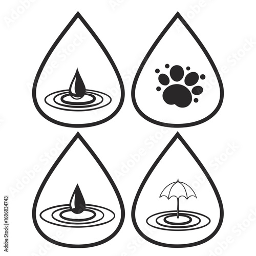 Four droplet shapes with water ripples paw print and umbrella vector