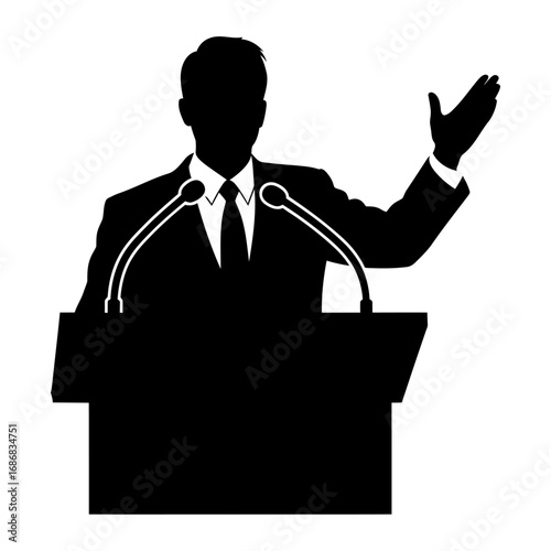 Silhouette of Public Speaker at Podium with Raised Hand and Dual Microphones for Leadership Concepts