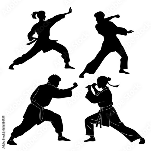 Four figures martial arts poses black silhouettes karate kung fu