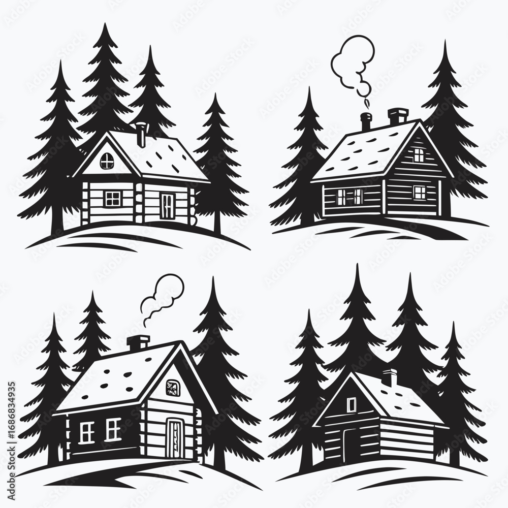 Fototapeta premium Four winter cabins nestled among pine trees log cabin forest