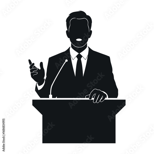 Silhouette of Businessman Speaking at Podium with Microphone in Professional Presentation