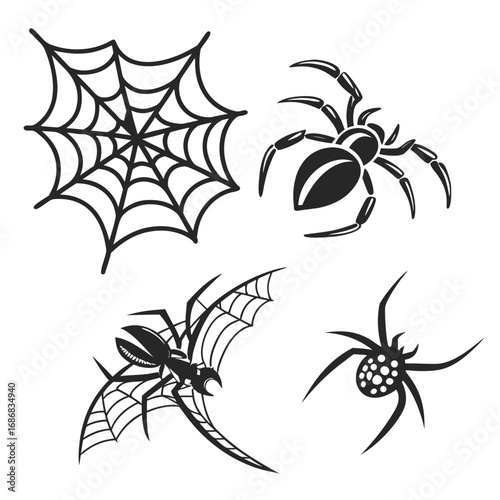 Four stylized spiders and webs black art arachnid insect