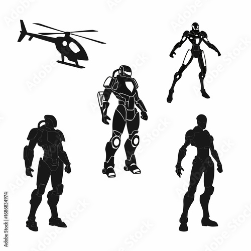 Futuristic robot and helicopter silhouettes cyborg android