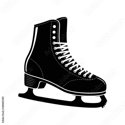 Elegant black figure skate with white laces and trim isolated on white background ideal for winter sport design themes
