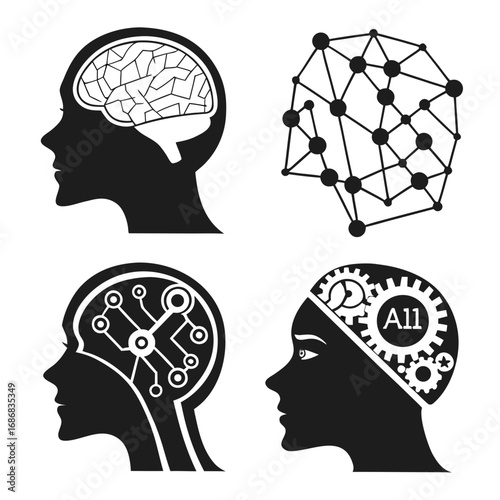 Human heads with brain and technology icons artificial intelligence silhouette