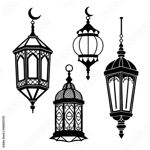 Islamic lanterns with crescent moons hanging traditional