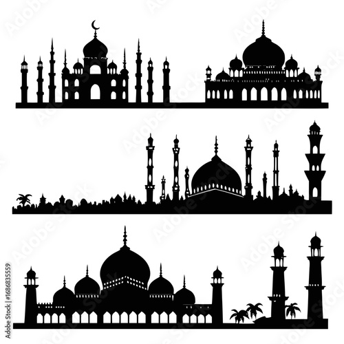 Islamic mosque and minaret silhouettes with crescent moon architecture