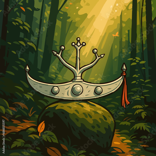 Sacred Timorese Crown on Stone in Forest – Cultural Heritage Vector Illustration