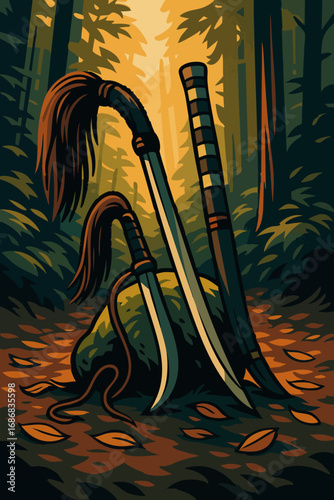 Traditional Timorese Swords in Forest – Cultural Heritage Vector Illustration