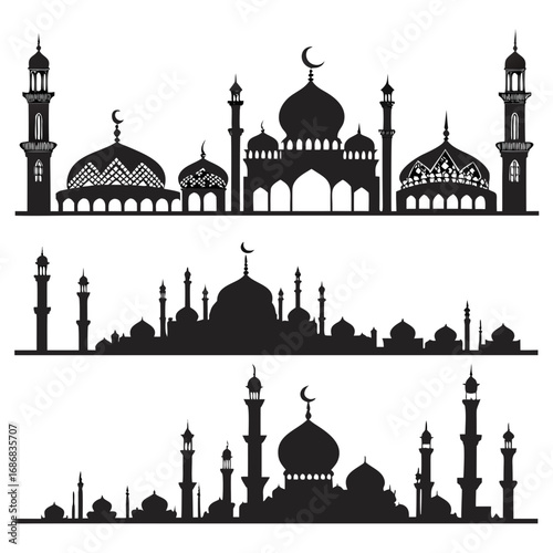 Islamic mosque architecture silhouettes with crescent moons vector