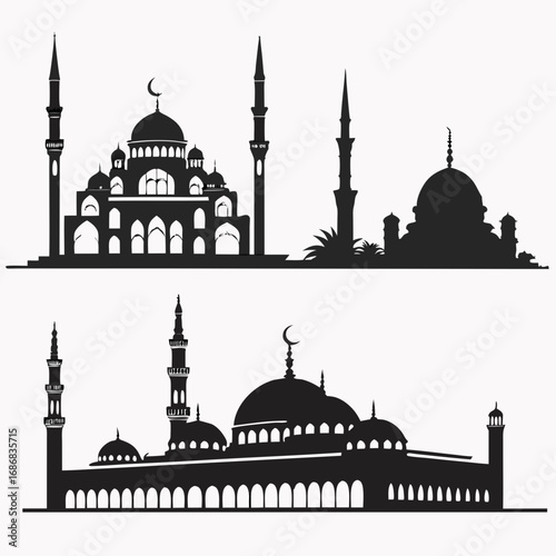 Islamic mosque architecture silhouettes with domes and minarets vector