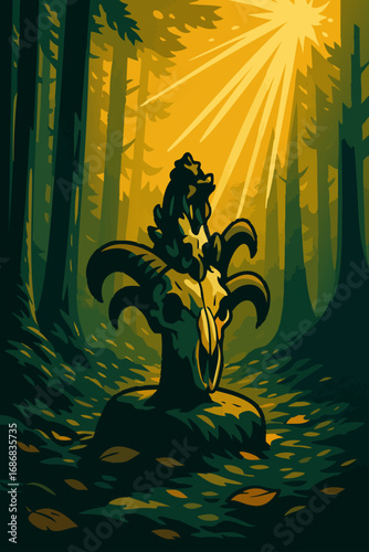 Sacred Totem with Buffalo Horns in Forest – Timorese Cultural Heritage Illustration