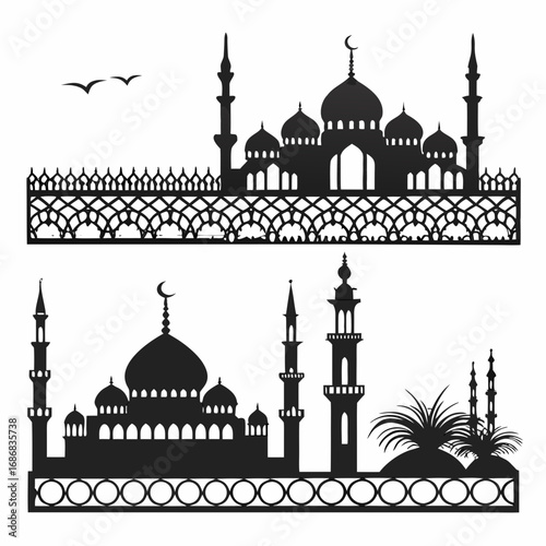 Islamic mosque architecture with decorative borders and flying birds silhouette black