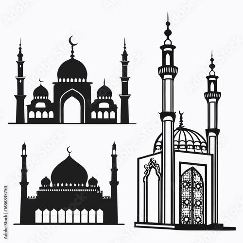 Islamic mosque architecture silhouettes with domes and minarets vector