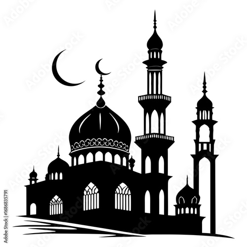 Islamic mosque silhouette with crescent moon architecture building