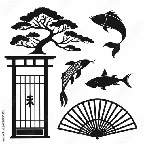 Japanese ink style silhouettes of bonsai torii gate koi fish and fan vector