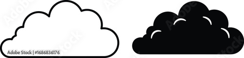 Simple cloud icons, one outlined white and one solid black, representing data storage and digital concepts