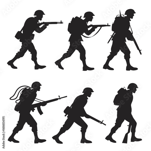 Marching soldiers with rifles and backpacks military silhouette