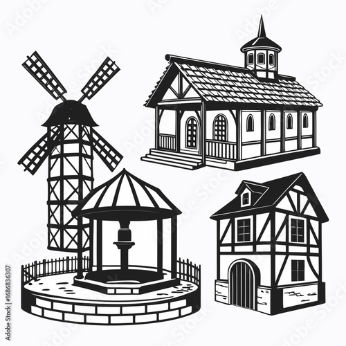 Medieval village structures windmill well church half timbered house vector