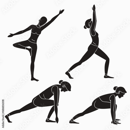 Minimalist black silhouettes of women in various yoga poses vector