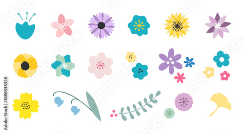 カラフルな花と葉のイラストパーツセット（フラワーデザイン・装飾・ベクター素材）