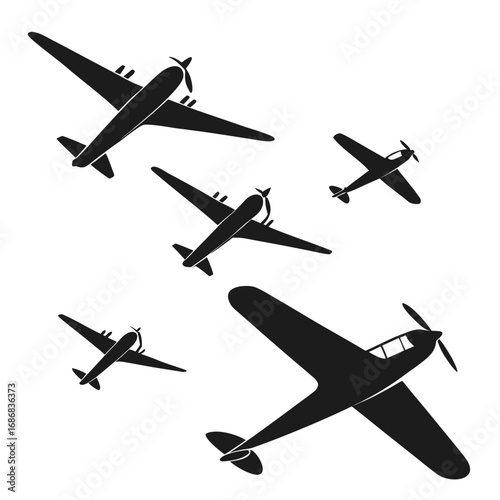 Multiple propeller aircraft silhouettes in flight airplane flying