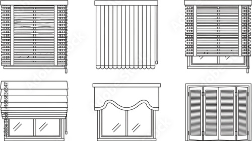 Collection of window treatments including blinds, shutters, and shades for interior design