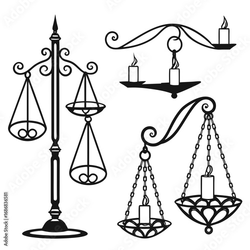 Ornate black candle holders and scales antique oil lamp