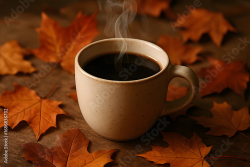Cozy autumn: a cup of coffee among fallen leaves