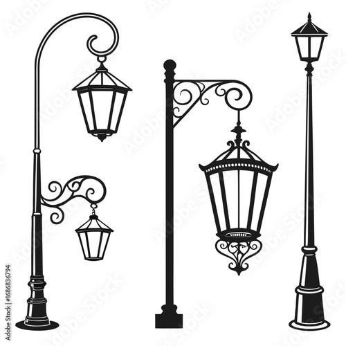 Ornate street lamps with decorative scrolls black white