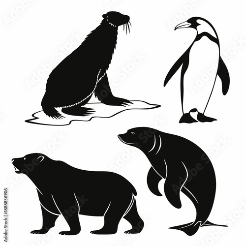 Polar bear penguin seal walrus silhouettes arctic