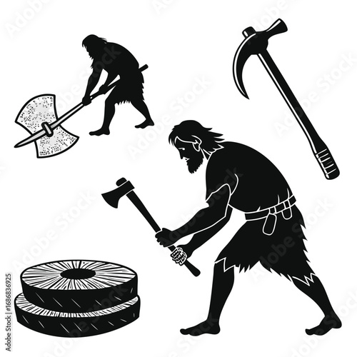 Prehistoric humans with tools and stone objects caveman