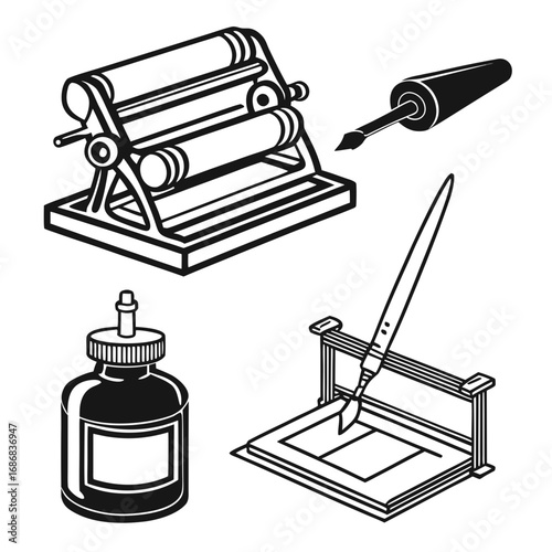 Printing press ink bottle brush and paper publishing