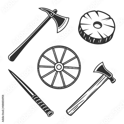 Primitive tools and wheel silhouettes stone wheel spokes wheel