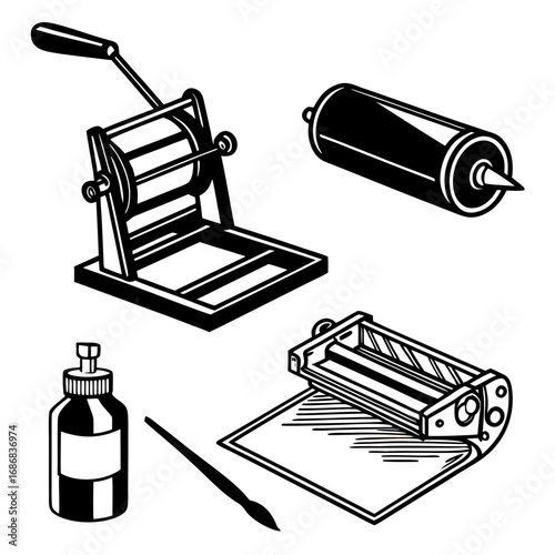 Printing press roller ink bottle brush and paper vector