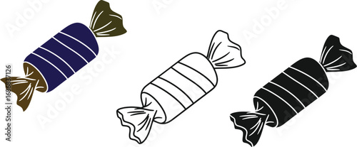 Three colorful and monochrome wrapped candies on a white background, illustrating variety and sweetness
