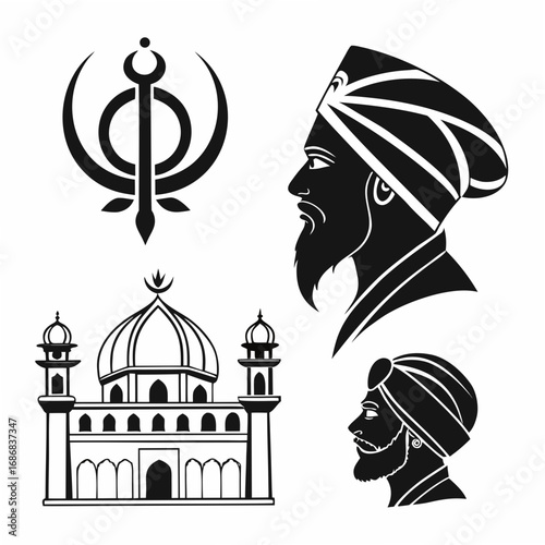 Sikh cultural icons turbaned men mosque Khanda symbol culture