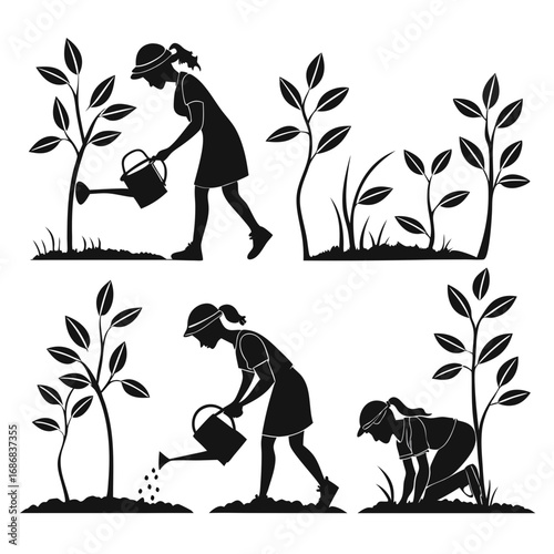 Silhouettes of people tending plants with watering cans gardening planting