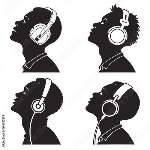 Silhouettes of people listening with headphones earbuds